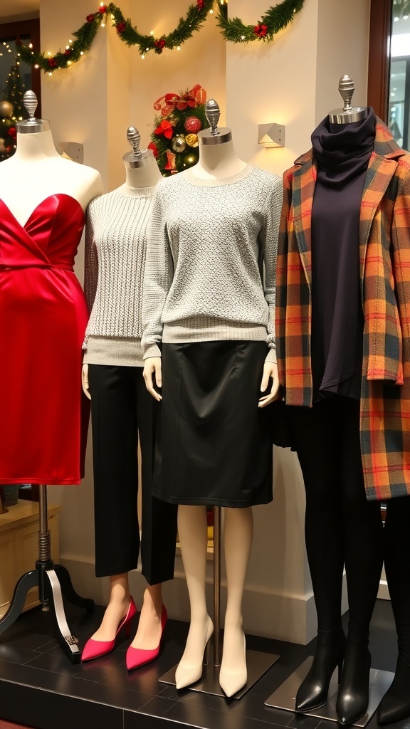 Stylish Christmas dinner outfits including a red velvet dress, knit sweater, sequined top, plaid blazer, and oversized sweater.